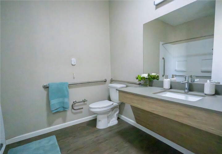 Accessible Private Bathroom with Safety Grab Bars for Seniors at Assisted Living Facility Accessible Private Bathroom with Safety Grab Bars for Seniors at Assisted Living Facility